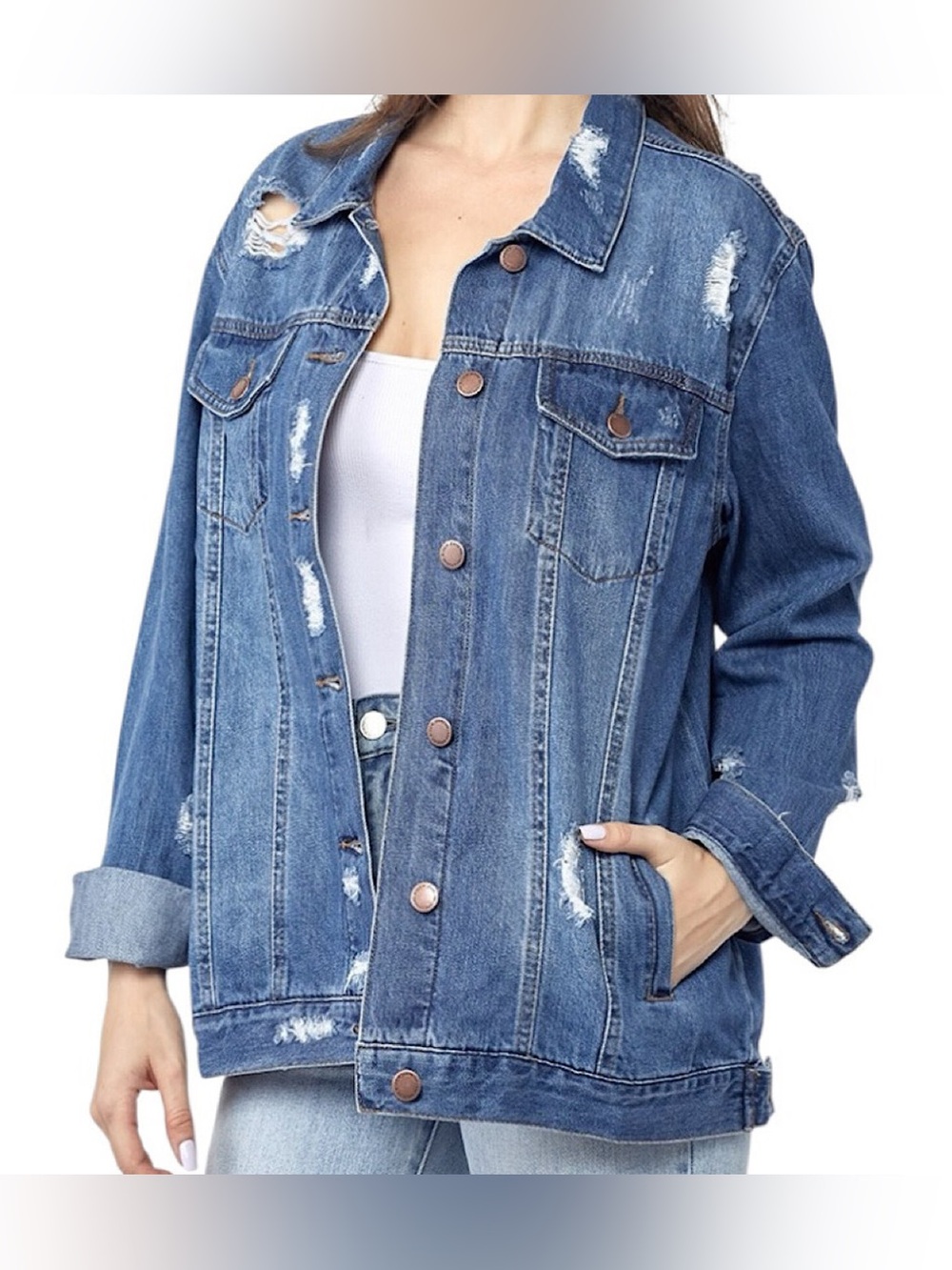 Risen Jeans 90'S oversized & loose fit denim distressed jacket small blue casual